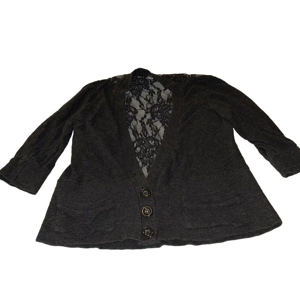 Poof XL Sheer Back Gray Cropped Button Cardigan